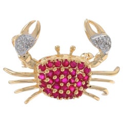 Yellow Gold Ruby Diamond Crab Brooch/Pendant 14k Rd 1.20ctw Ocean Life Beach Sea