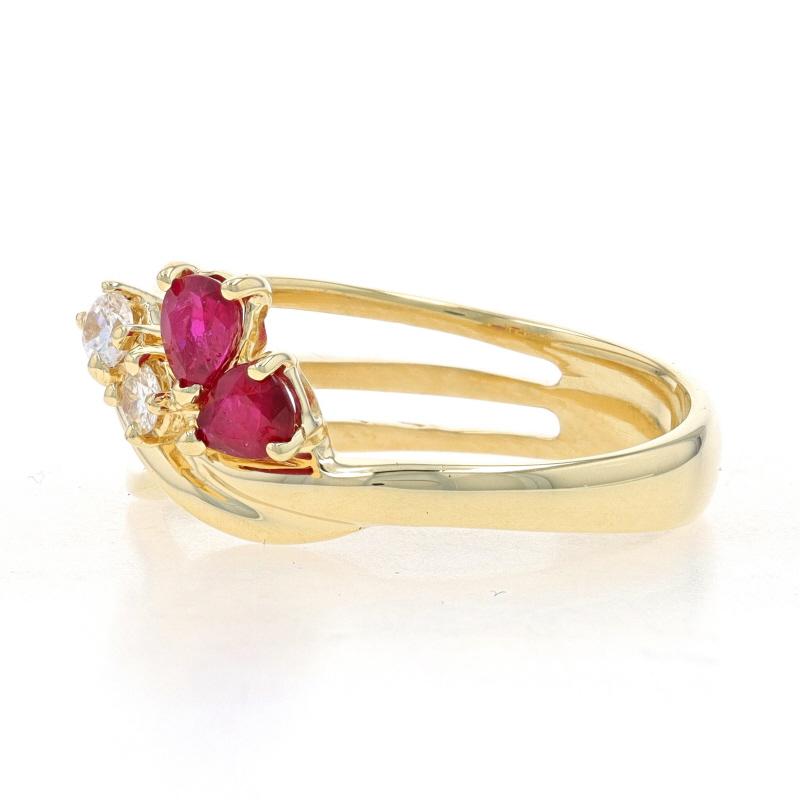 Pear Cut Yellow Gold Ruby & Diamond Crossover Ring - 14k Pear .70ctw Two-Stone For Sale