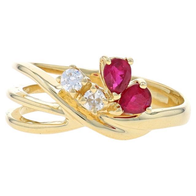 Yellow Gold Ruby & Diamond Crossover Ring - 14k Pear .70ctw Two-Stone For Sale