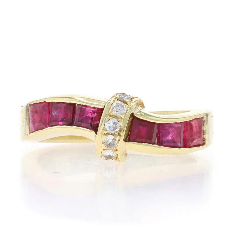 Size: 4

Metal Content: 14k Yellow Gold

Stone Information

Natural Rubies
Treatment: Heated
Carat(s): .90ctw
Cut: Square

Natural Diamonds
Carat(s): .07ctw
Cut: Round Brilliant
Color: F - G
Clarity: VS1 - VS2

Total Carats: .97ctw

Style: Curved