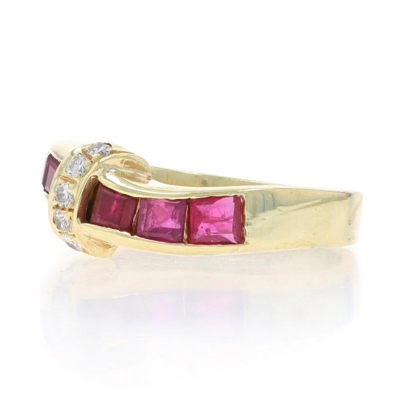 Yellow Gold Ruby Diamond Curved Band - 14k Square .97ctw Ribbon Ring SZ 4 In Excellent Condition For Sale In Greensboro, NC