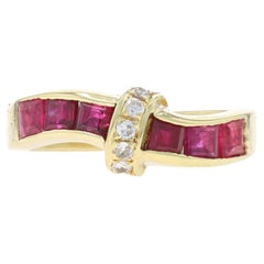Yellow Gold Ruby Diamond Curved Band - 14k Square .97ctw Ribbon Ring SZ 4