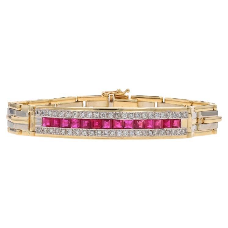 Bracciale a barre curve in oro giallo con diamanti e rubini 7 1/4" - 14k Quadrato 4.18ctw a strisce in vendita