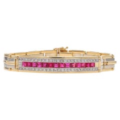 Yellow Gold Ruby Diamond Curved Bar Bracelet 7 1/4" - 14k Square 4.18ctw Stripes