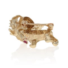Yellow Gold Ruby and Diamond Dog Brooch, 14k Round Cut .24 Carat Pet Canine Pin