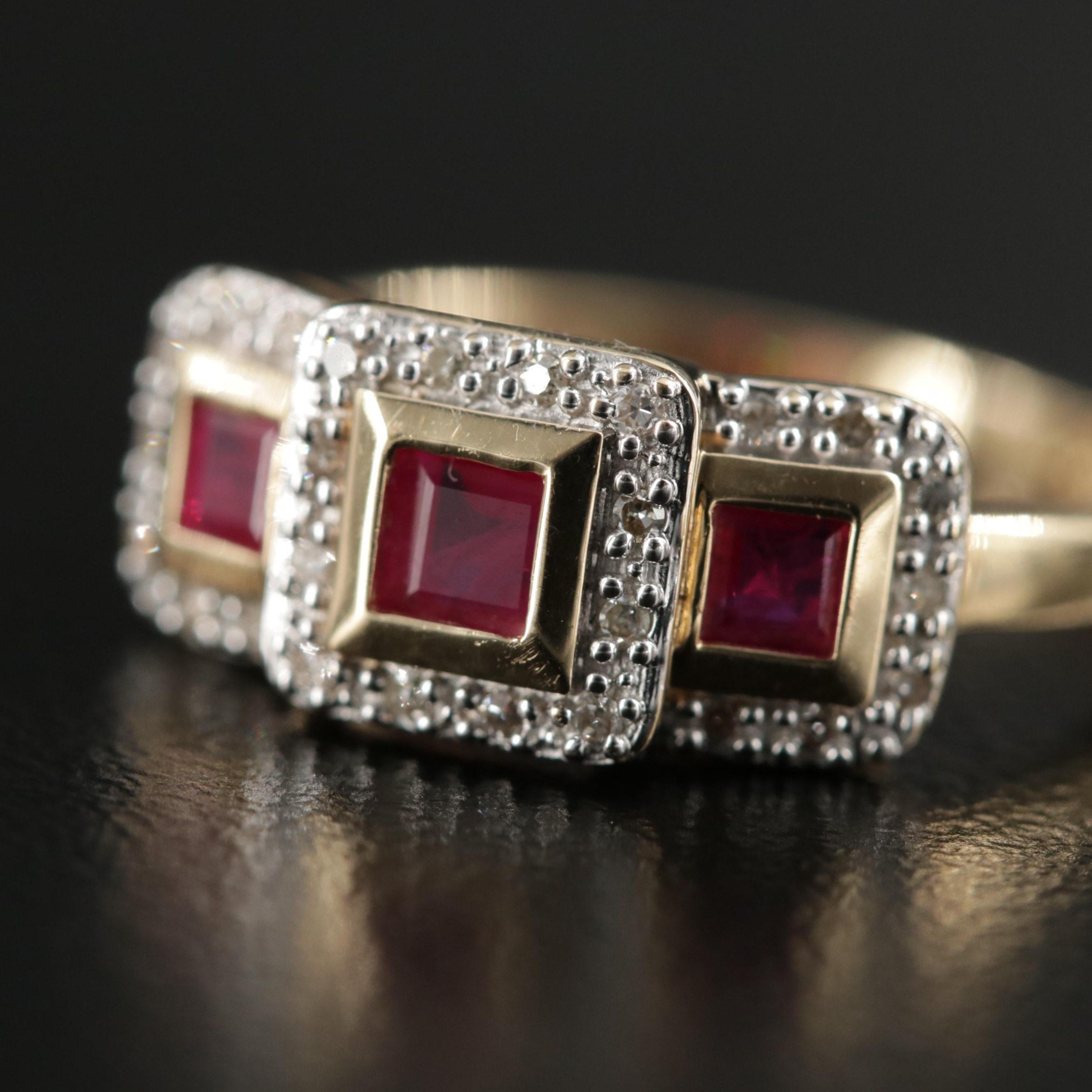 For Sale:  Yellow Gold Ruby Diamond Engagement Ring Art Deco Halo Ruby Three Stone Ring 2