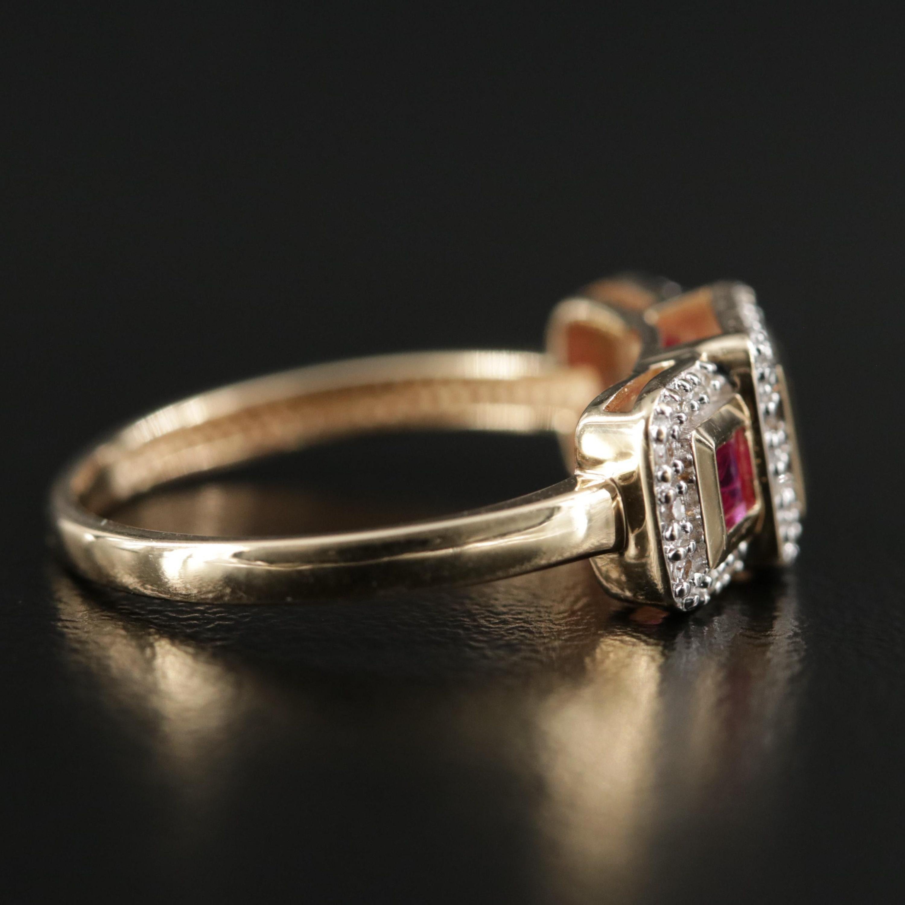 For Sale:  Yellow Gold Ruby Diamond Engagement Ring Art Deco Halo Ruby Three Stone Ring 3