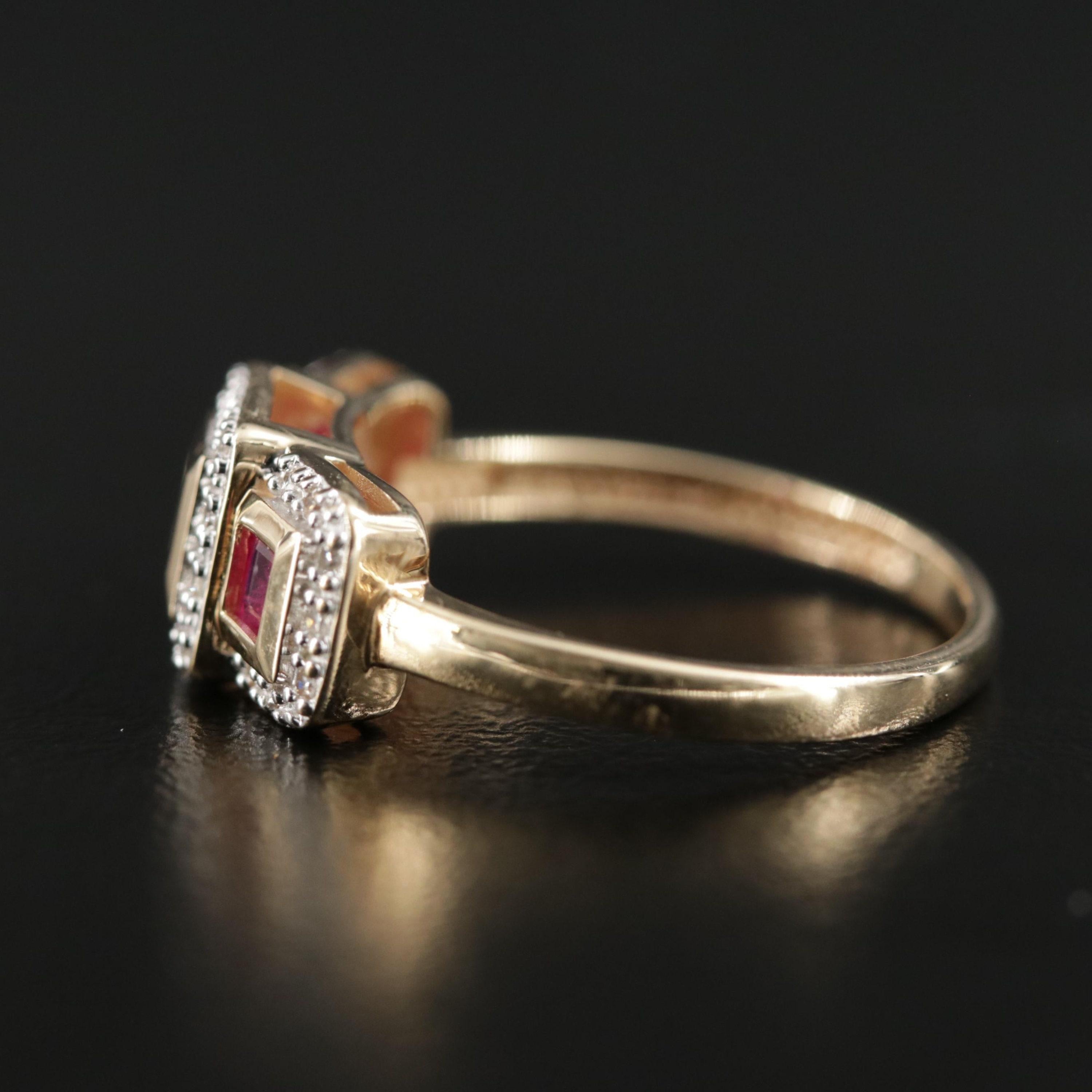 For Sale:  Yellow Gold Ruby Diamond Engagement Ring Art Deco Halo Ruby Three Stone Ring 4