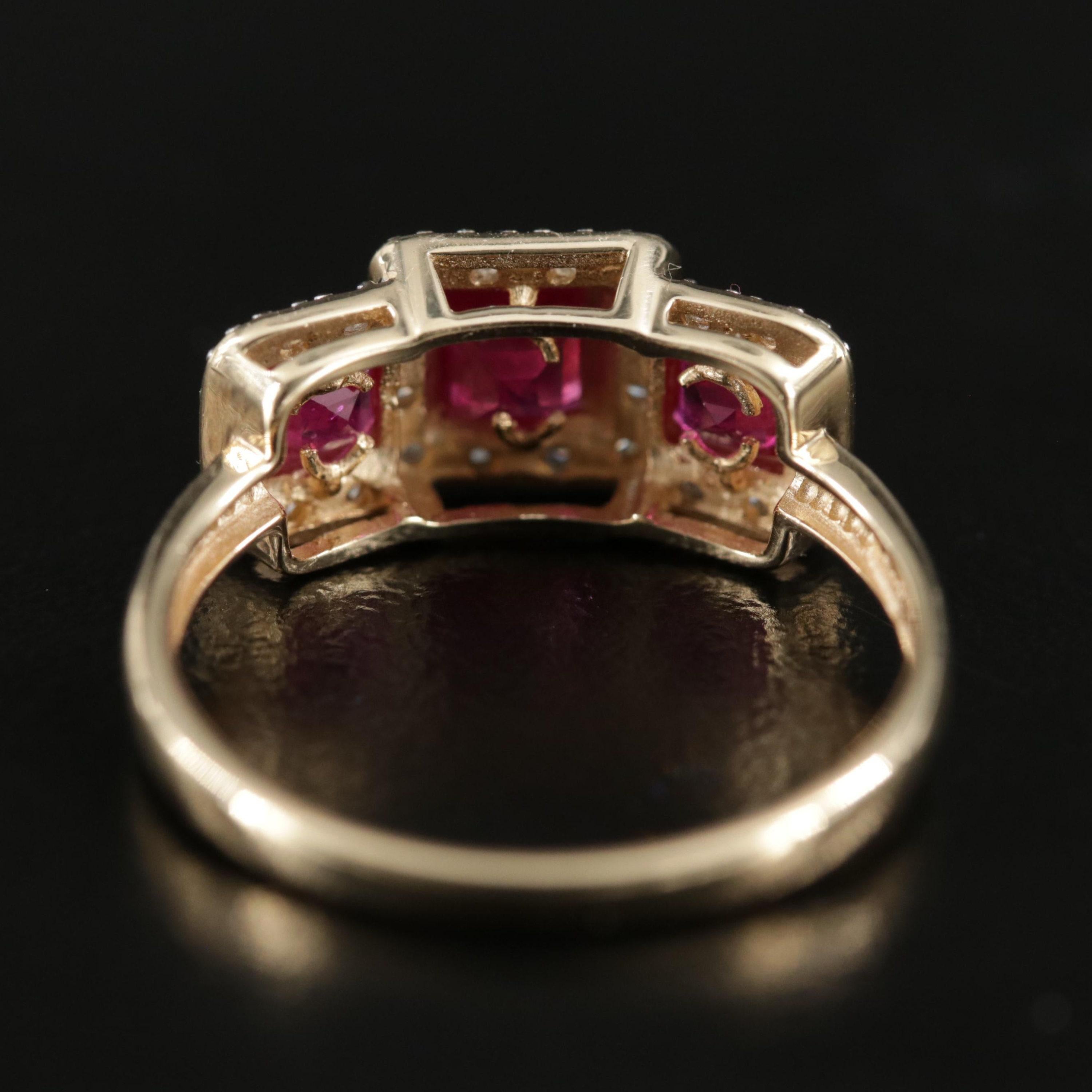 For Sale:  Yellow Gold Ruby Diamond Engagement Ring Art Deco Halo Ruby Three Stone Ring 5
