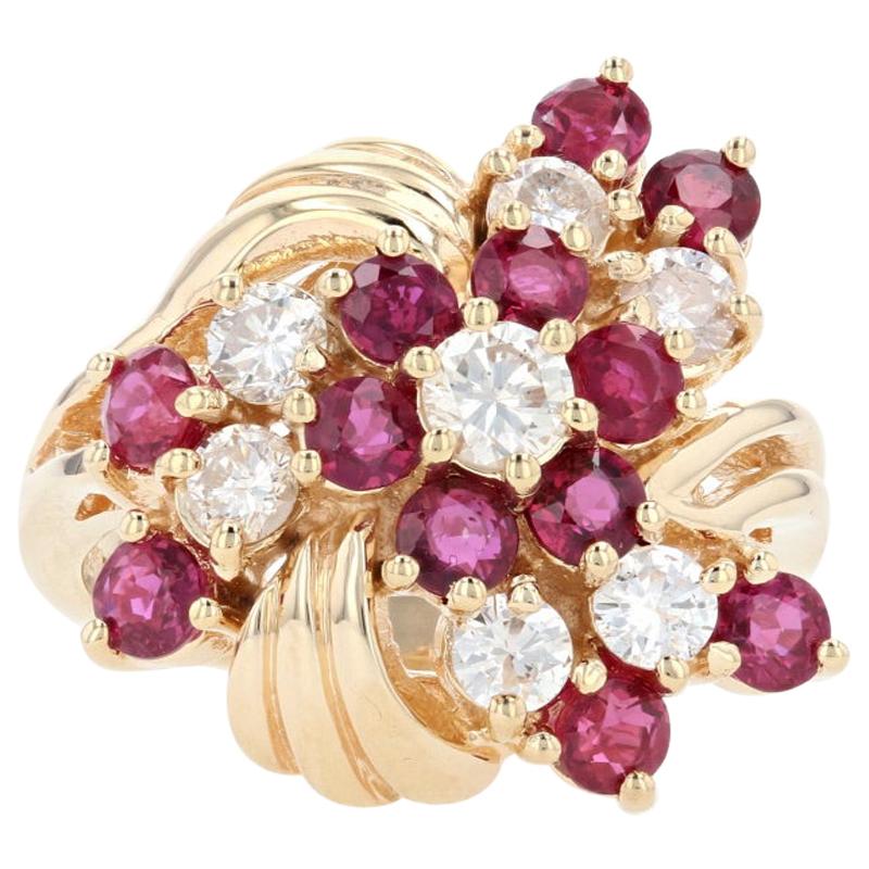 Yellow Gold Ruby & Diamond Floral Cluster Halo Bypass Ring, 14k Round 2.47 Carat