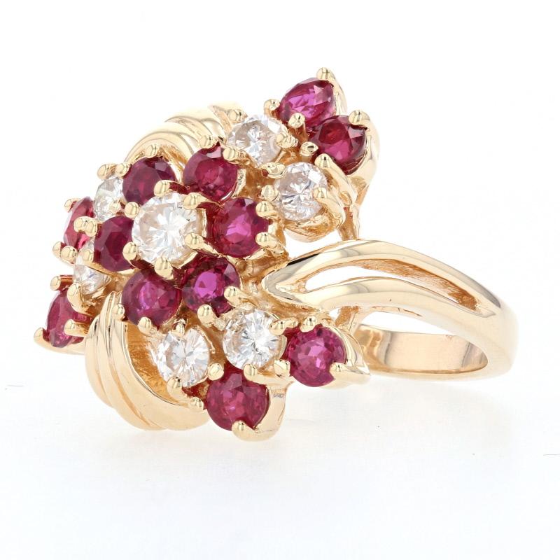 Round Cut Yellow Gold Ruby & Diamond Floral Cluster Halo Bypass Ring, 14k Round 2.47 Carat
