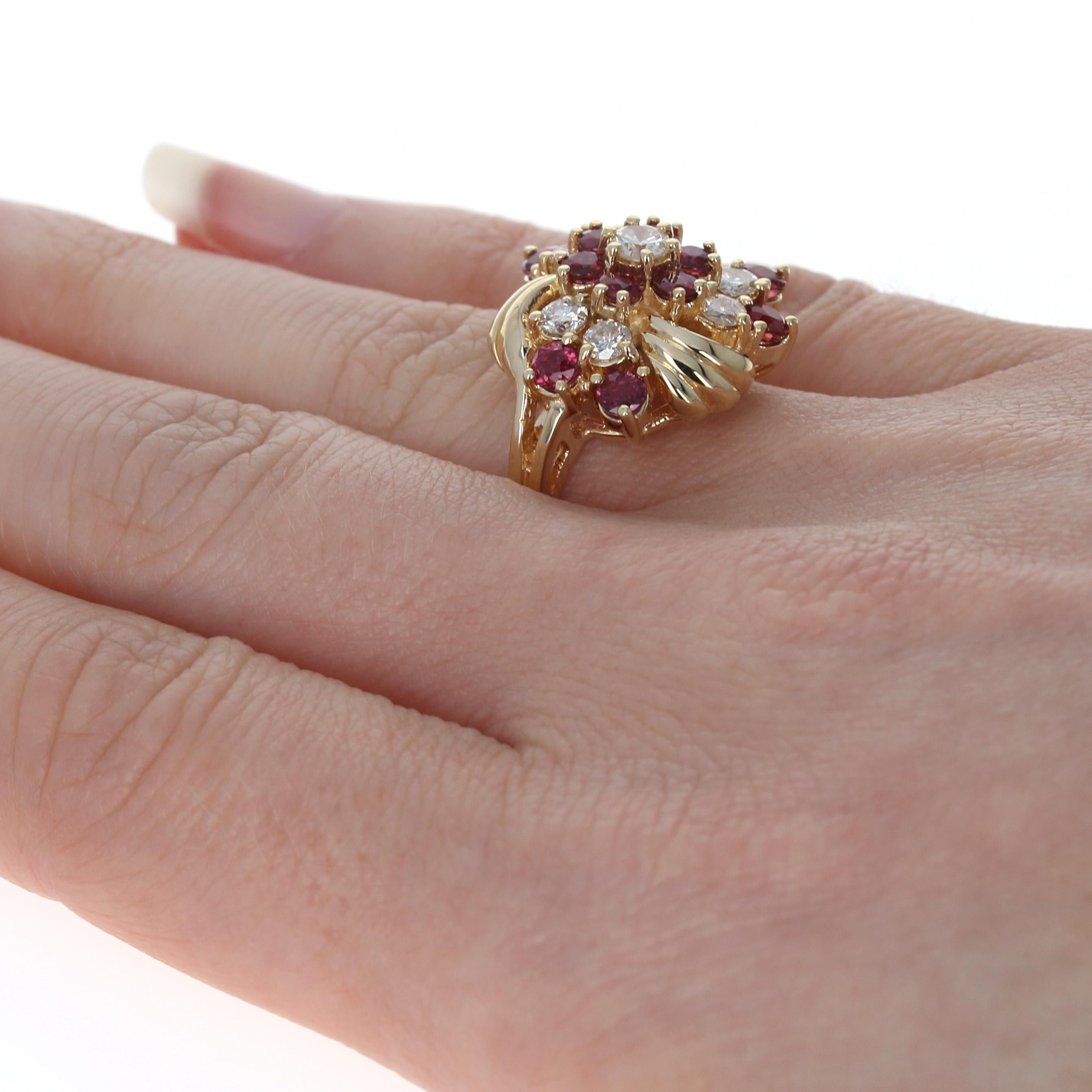 Yellow Gold Ruby & Diamond Floral Cluster Halo Bypass Ring, 14k Round 2.47 Carat In Excellent Condition In Greensboro, NC