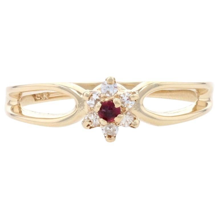 Yellow Gold Ruby & Diamond Flower Halo Ring, 14k Round Cut .14ctw