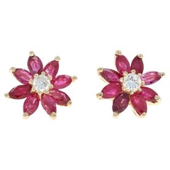 Yellow Gold Ruby Diamond Flower Halo Stud Earrings -14k Marquise 4.16ctw Pierced Yellow Gold Ruby Diamond Flower Halo Stud Earrings -14k Marquise 4.16ctw Pierced