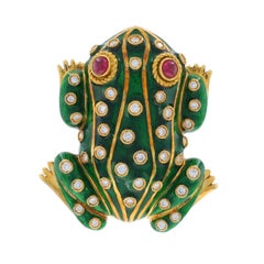 Yellow Gold Ruby Diamond Frog Pin 18k Round Cabochon .98ctw Amphibian Brooch