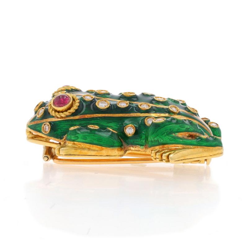 Gelbgold Rubin Diamant Frosch Pin 18k Runde Cabochon .98ctw Amphibien Brosche (Rundschliff) im Angebot