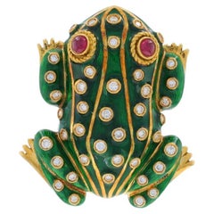Gelbgold Rubin Diamant Frosch Pin 18k Runde Cabochon .98ctw Amphibien Brosche