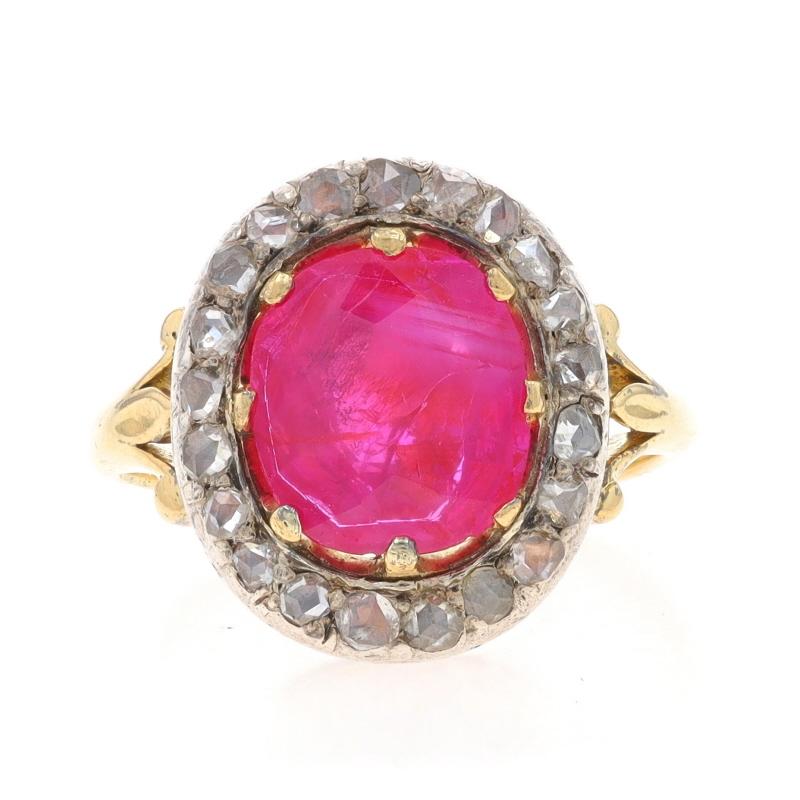 Talla: 5 1/4

Época: Georgiana
Fecha: Años 1850 - 1860

Contenido de metal: Oro amarillo de 18 quilates y plata

Información sobre Stone
Rubí natural
Tratamiento: Calentamiento
Quilate(s): 3,50 ct
Corte: Cojín rectangular
Color: Rojo