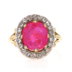 Yellow Gold Ruby Diamond Georgian Halo Ring -18k Cush 3.92ctw Antique Size 5 1/4