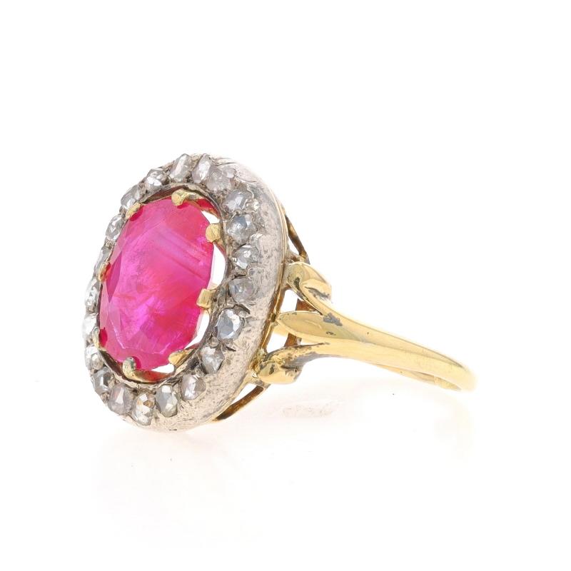 Anillo Halo Georgiano de Oro Amarillo con Rubí y Diamantes -18k Cush 3.92ctw Antiguo Tamaño 5 1/4 en Excelente estado para la venta en Greensboro, NC