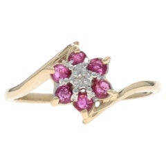 Yellow Gold Ruby Diamond Halo Bypass Ring - 10k Round .31ctw Floral