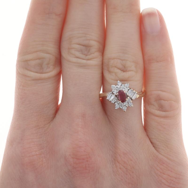 Size: 6 1/2
Sizing Fee: Up 2 sizes for $35 or Down 2 sizes for $30

Metal Content: 14k Yellow Gold & 14k White Gold

Stone Information

Natural Ruby
Treatment: Heating
Carat(s): .40ct
Cut: Oval
Color: Red

Natural Diamonds
Carat(s): .40ctw
Cut: