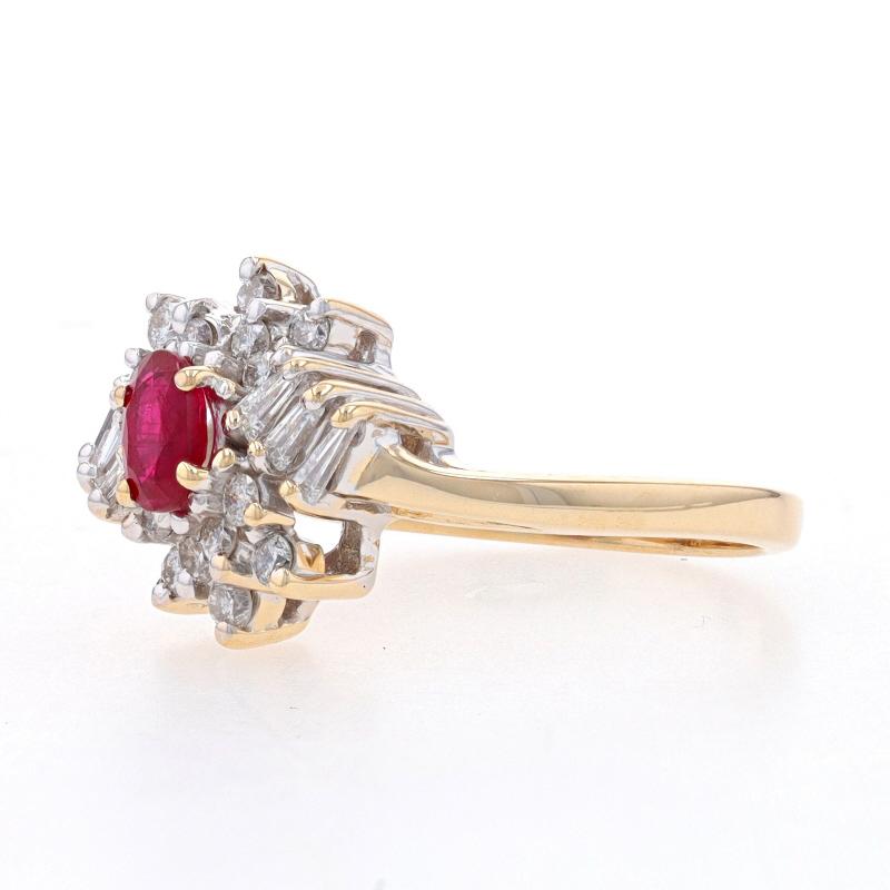 Oval Cut Yellow Gold Ruby & Diamond Halo Bypass Ring - 14k Oval .80ctw For Sale