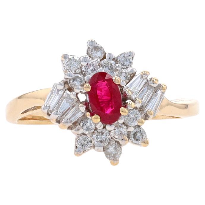 Yellow Gold Ruby & Diamond Halo Bypass Ring - 14k Oval .80ctw For Sale