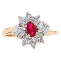 Yellow Gold Ruby & Diamond Halo Bypass Ring - 14k Oval .80ctw
