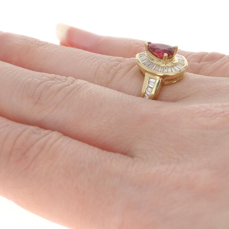 Women's Yellow Gold Ruby and Diamond Halo Bypass Ring, 18 Karat Pear Cut 1.48 Carat