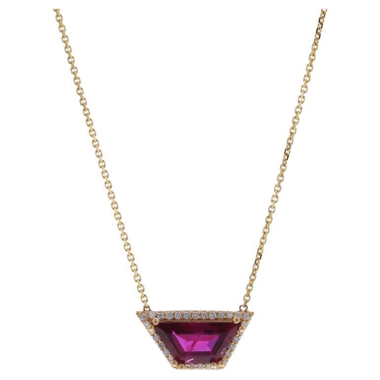 Yellow Gold Ruby & Diamond Halo Necklace - 14k Trapezoid 1.78ctw GIA Adjustable For Sale