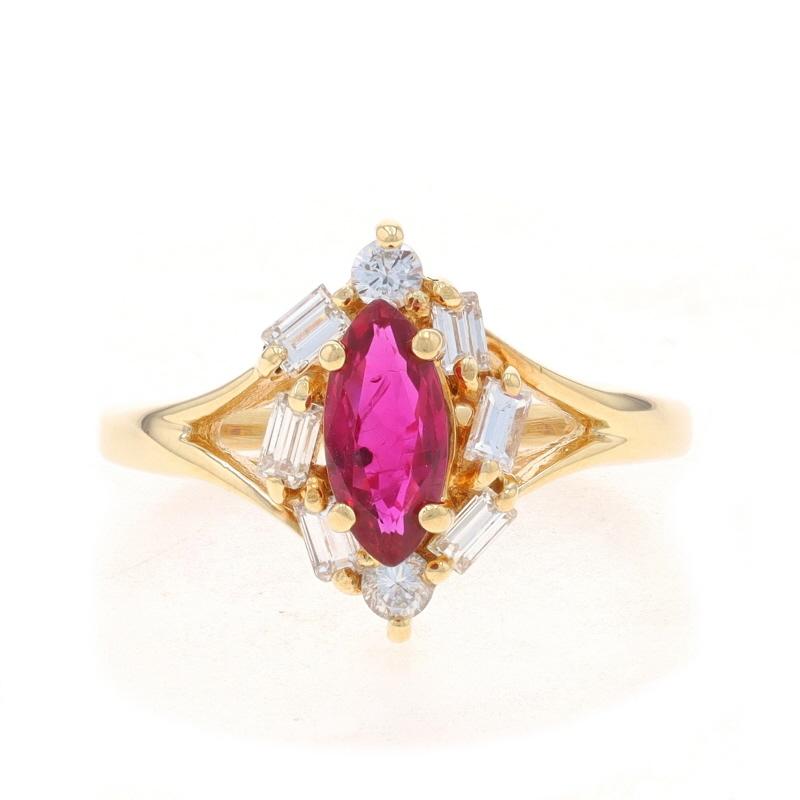 Size: 6
Sizing Fee: Up 3 sizes for $40 or Down 1 1/2 sizes for $40

Note: If sized up three sizes, the shank will become oval in shape.

Metal Content: 14k Yellow Gold

Stone Information

Natural Ruby
Treatment: Heating
Carat(s): .62ct
Cut: