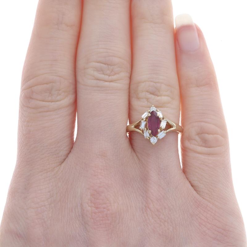 Marquise Cut Yellow Gold Ruby Diamond Halo Ring - 14k Marquise 1.00ctw For Sale