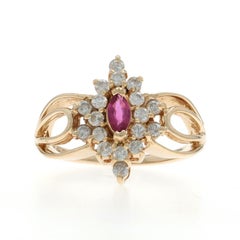 Yellow Gold Ruby Diamond Halo Ring - 14k Marquise .85ctw Floral