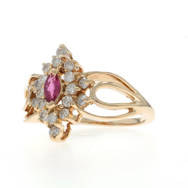 Gelbgold Rubin Diamant Halo Ring - 14k Marquise .85ctw Floral im Zustand „Hervorragend“ im Angebot in Greensboro, NC