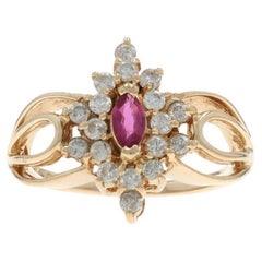 Yellow Gold Ruby Diamond Halo Ring - 14k Marquise .85ctw Floral