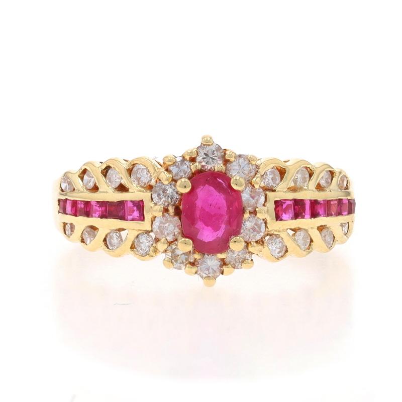 Size: 7 1/2
Sizing Fee: Up 1/2 a size for $50 or Down 1/2 a size for $50

Metal Content: 14k Yellow Gold

Stone Information

Natural Ruby
Treatment: Heating
Carat(s): .47ct (carat stamp)
Cut: Oval
Color: Pinkish Red

Natural Rubies
Treatment:
