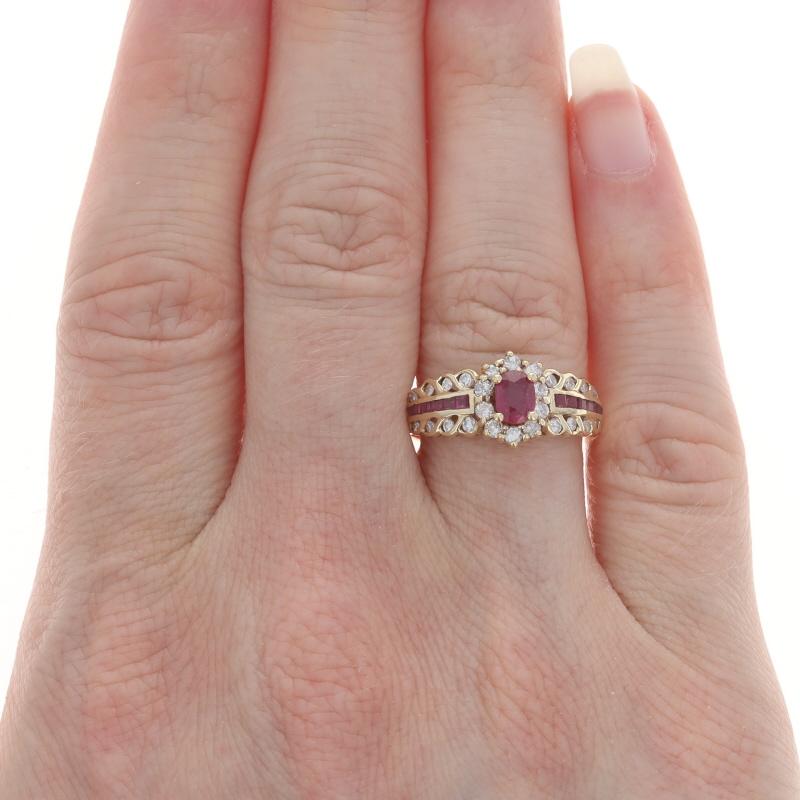 Oval Cut Yellow Gold Ruby & Diamond Halo Ring - 14k Oval 1.24ctw Scallop For Sale