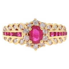 Yellow Gold Ruby & Diamond Halo Ring - 14k Oval 1.24ctw Scallop