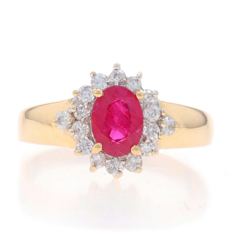 Size: 7
Sizing Fee: Up 2 sizes for $40 or Down 1 size for $30

Metal Content: 14k Yellow Gold & 14k White Gold

Stone Information

Natural Ruby
Treatment: Heating
Carat(s): 1.05ct
Cut: Oval
Color: Red

Natural Diamonds
Carat(s): .30ctw
Cut: Round
