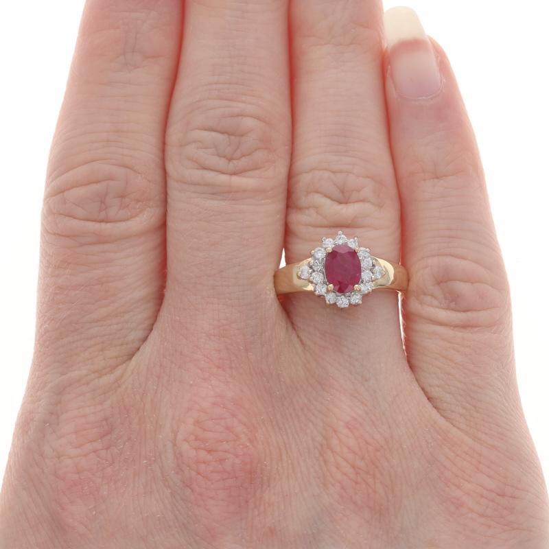Oval Cut Yellow Gold Ruby Diamond Halo Ring - 14k Oval 1.35ctw For Sale