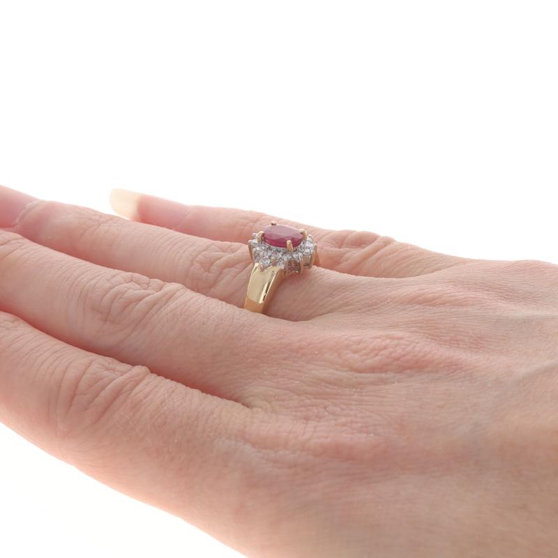Women's Yellow Gold Ruby Diamond Halo Ring - 14k Oval 1.35ctw For Sale