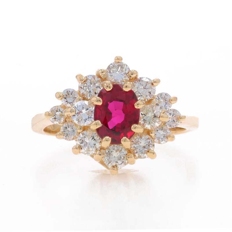 Size: 6
Sizing Fee: Up 2 sizes for $40 or Down 2 sizes for $40

Metal Content: 14k Yellow Gold

Stone Information

Natural Ruby
Treatment: Heating
Carat(s): 1.13ct
Cut: Oval
Color: Red

Natural Diamonds
Carat(s): .96ctw
Cut: Round Brilliant
Color: G