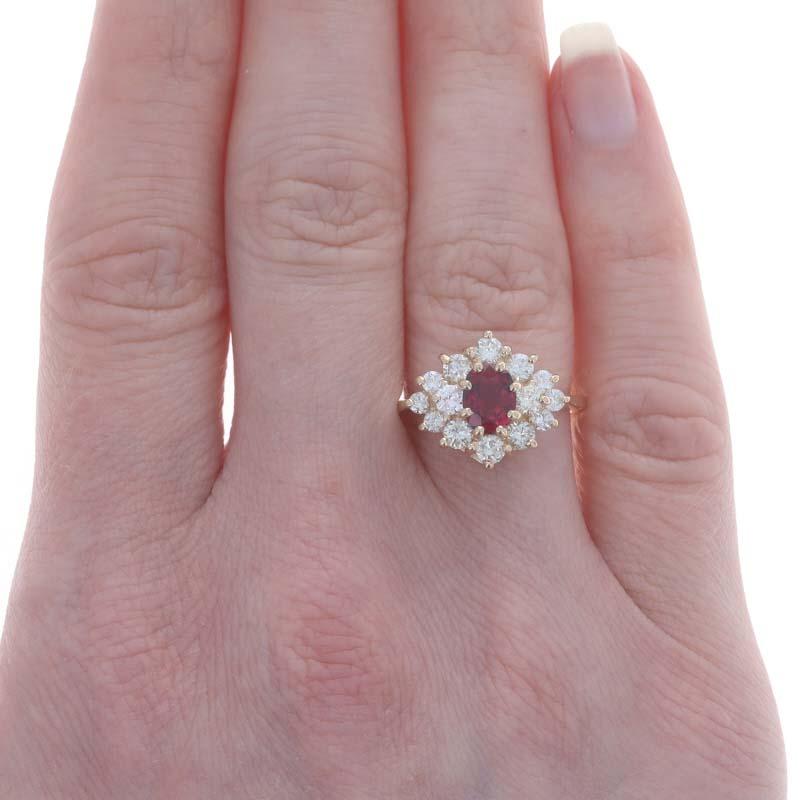 Oval Cut Yellow Gold Ruby Diamond Halo Ring - 14k Oval 2.09ctw Floral For Sale
