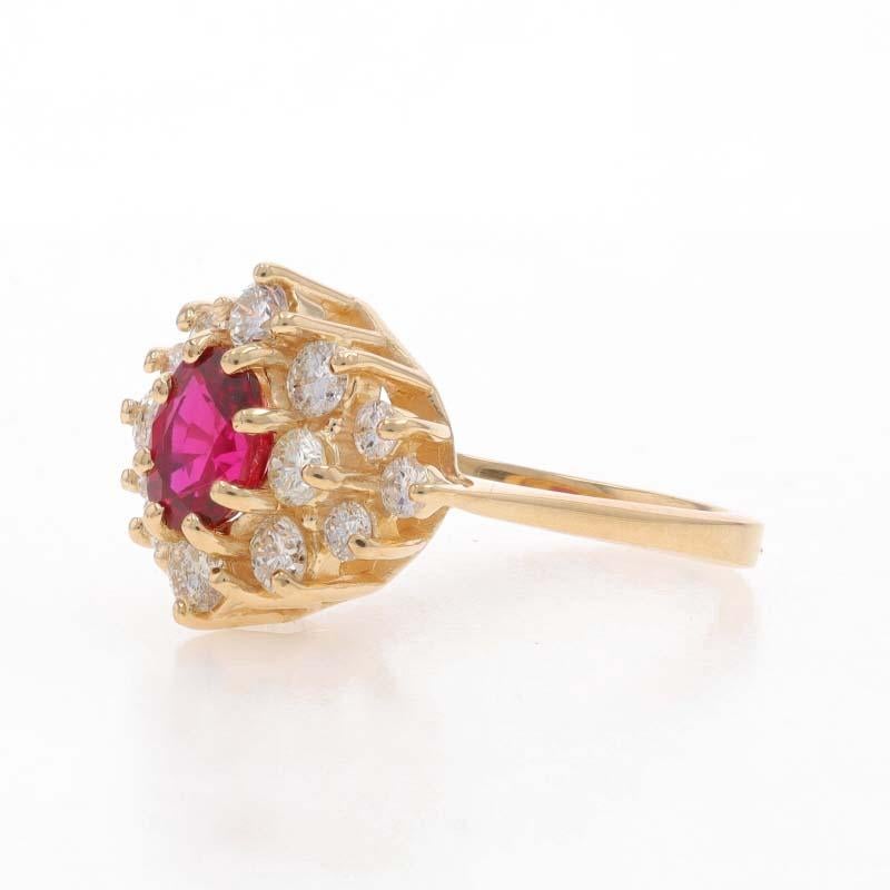 Yellow Gold Ruby Diamond Halo Ring - 14k Oval 2.09ctw Floral In New Condition For Sale In Greensboro, NC