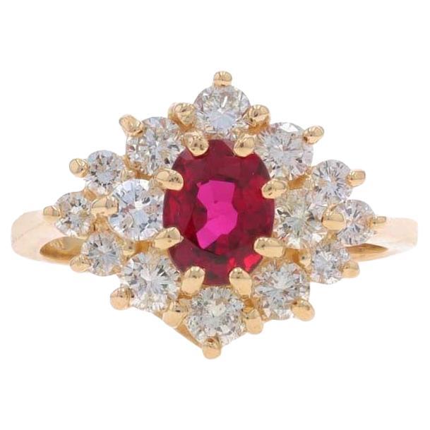 Yellow Gold Ruby Diamond Halo Ring - 14k Oval 2.09ctw Floral For Sale