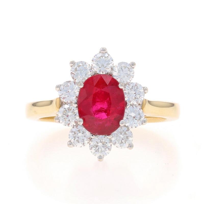 Size: 7
Sizing Fee: Up 2 sizes for $60 or Down 1 size for $40

Metal Content: 14k Yellow Gold & 14k White Gold

Stone Information

Natural Ruby
Treatment: Heating
Carat(s): 1.51ct
Cut: Oval
Color: Red

Natural Diamonds
Carat(s): 1.00ctw
Cut: Round