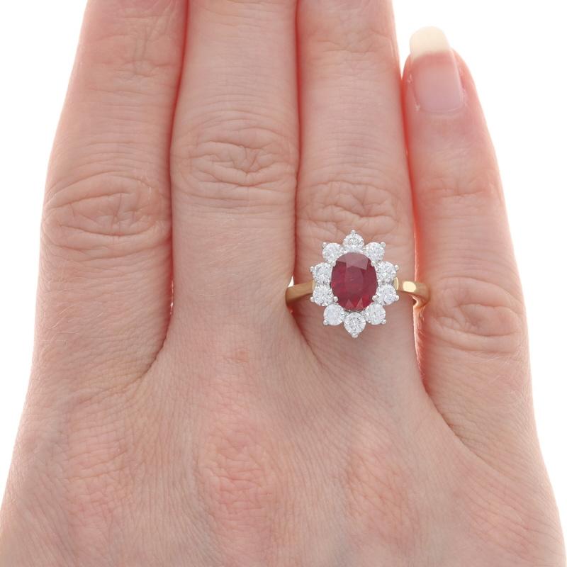 Oval Cut Yellow Gold Ruby & Diamond Halo Ring - 14k Oval 2.51ctw Floral For Sale
