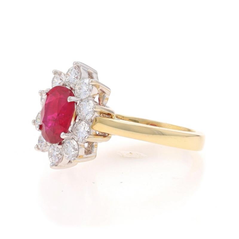 Yellow Gold Ruby & Diamond Halo Ring - 14k Oval 2.51ctw Floral In Excellent Condition For Sale In Greensboro, NC
