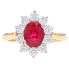 Yellow Gold Ruby & Diamond Halo Ring - 14k Oval 2.51ctw Floral
